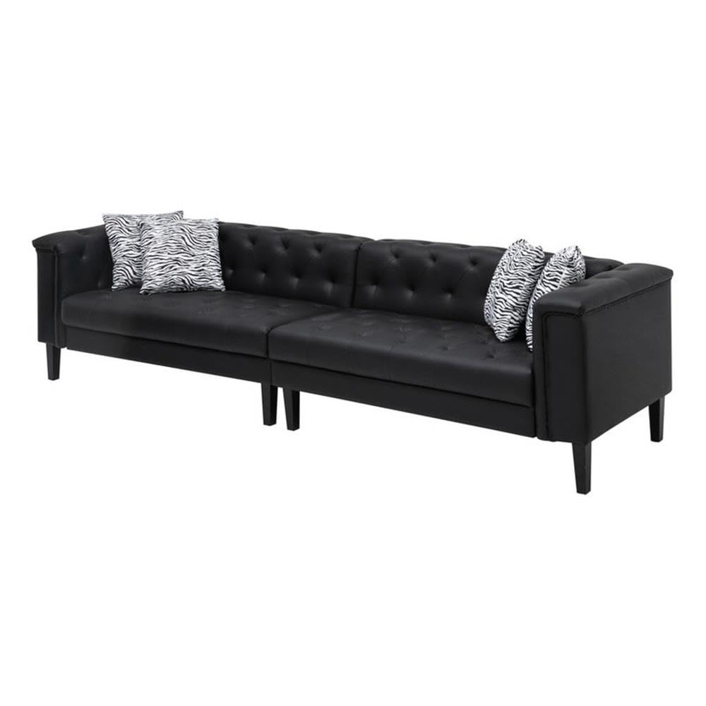 Lilola Home Sarah Black Vegan Leather Tufted Sofa with 4 Accent Pillows